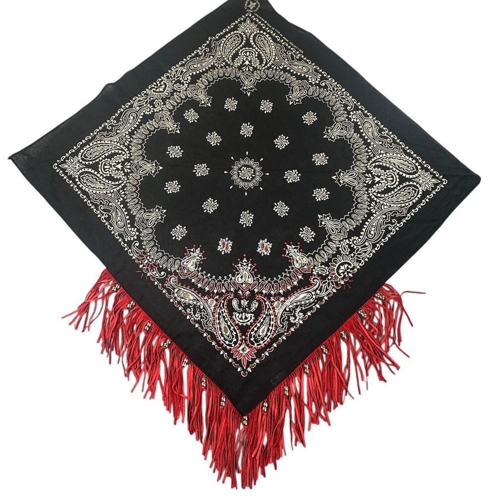 Black Red Paisley Rhinestone Fringe Bandana Western